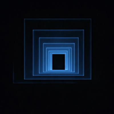 The primary subject of the image is a blue square, which is the main object, scene, or focus of the image. The setting or background is a dark room, and the visual style appears to be a digital art or illustration. The dominant colors in the image are blue and black, creating a moody atmosphere.